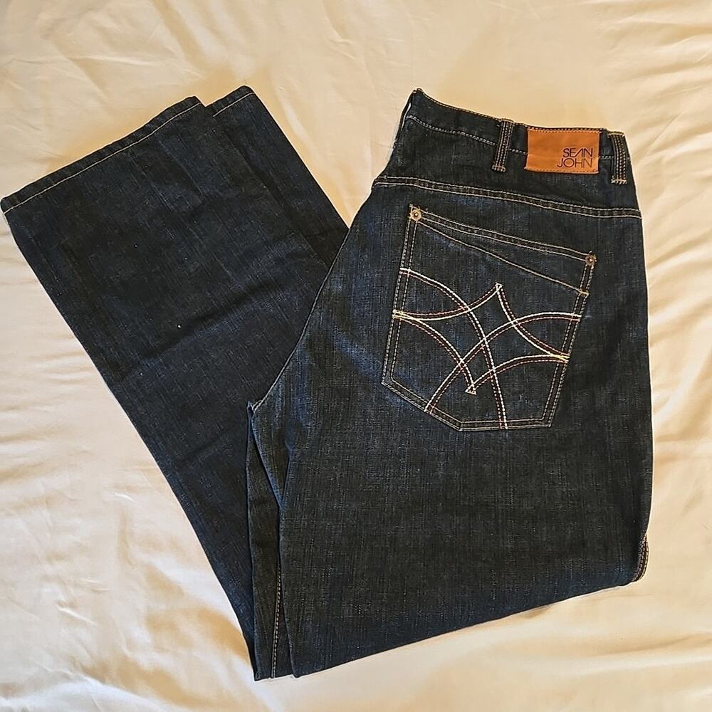 Sean John Jeans Mens 38x32 Blue Denim Straight Leg Classic Embroidered Pocket